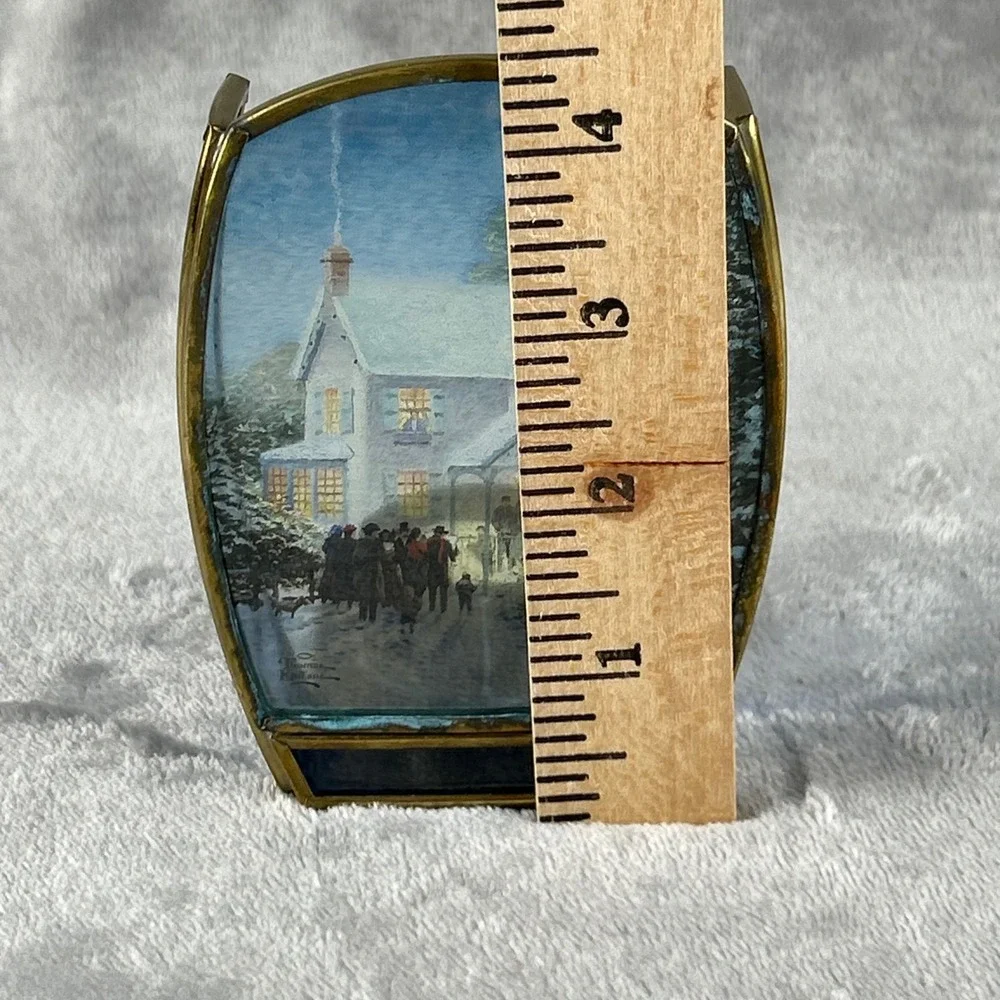 Vintage Thomas Kinkade Enesco Brass Glass Tea Light Candle Holder Winter Scene